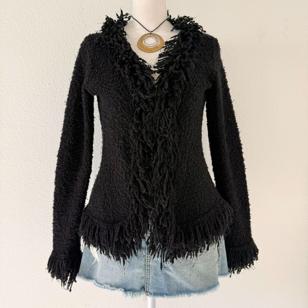 Charlotte Russe Black Open Front Cardigan Fur Trim Whimsygoth Fairy Core Sz S/M